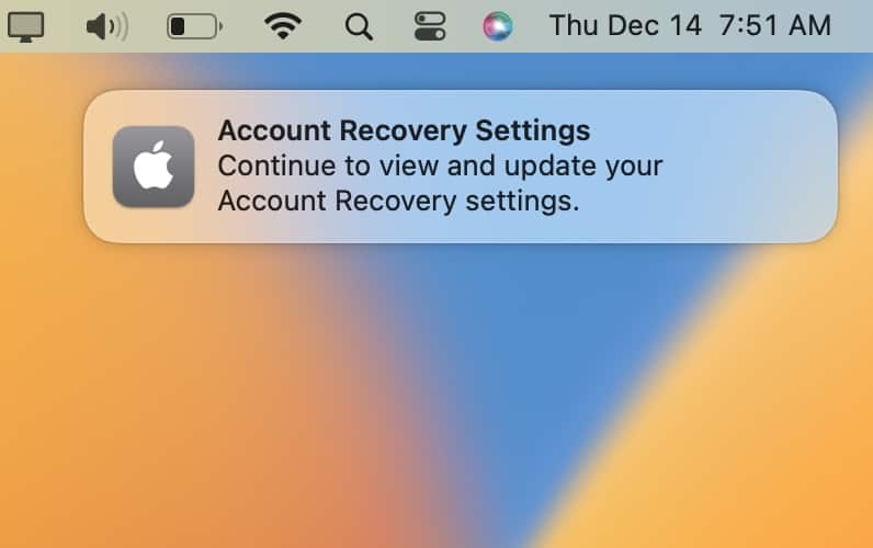 Account Recovery Settings Notification Popup on Mac