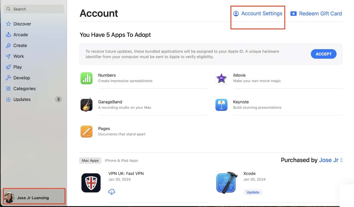 Opening the Account Settings on App Store