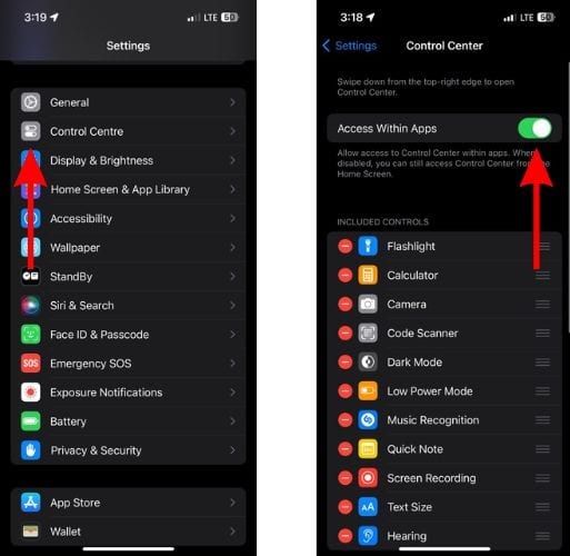 Allow Control Center Access Within Apps To Fix Swipe up Not Working on iPhone