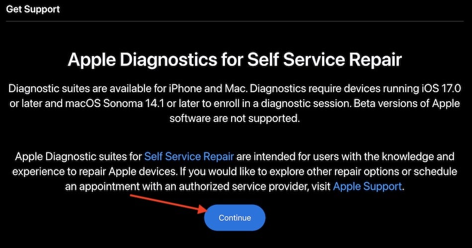 Apple Diagnostics Self Service Repair Click Continue