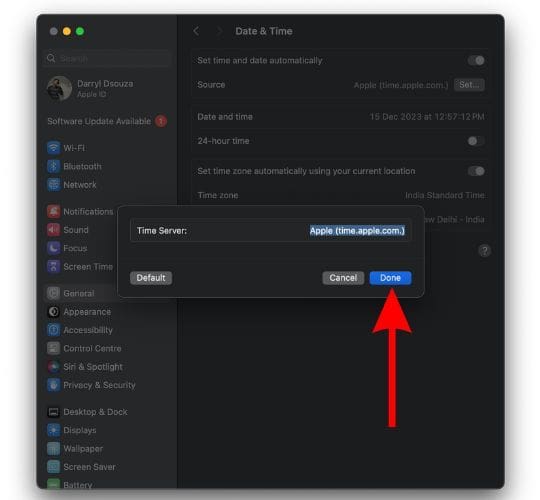 Click the Done button to set time and date automatically to Fix iCloud Not Syncing on Mac