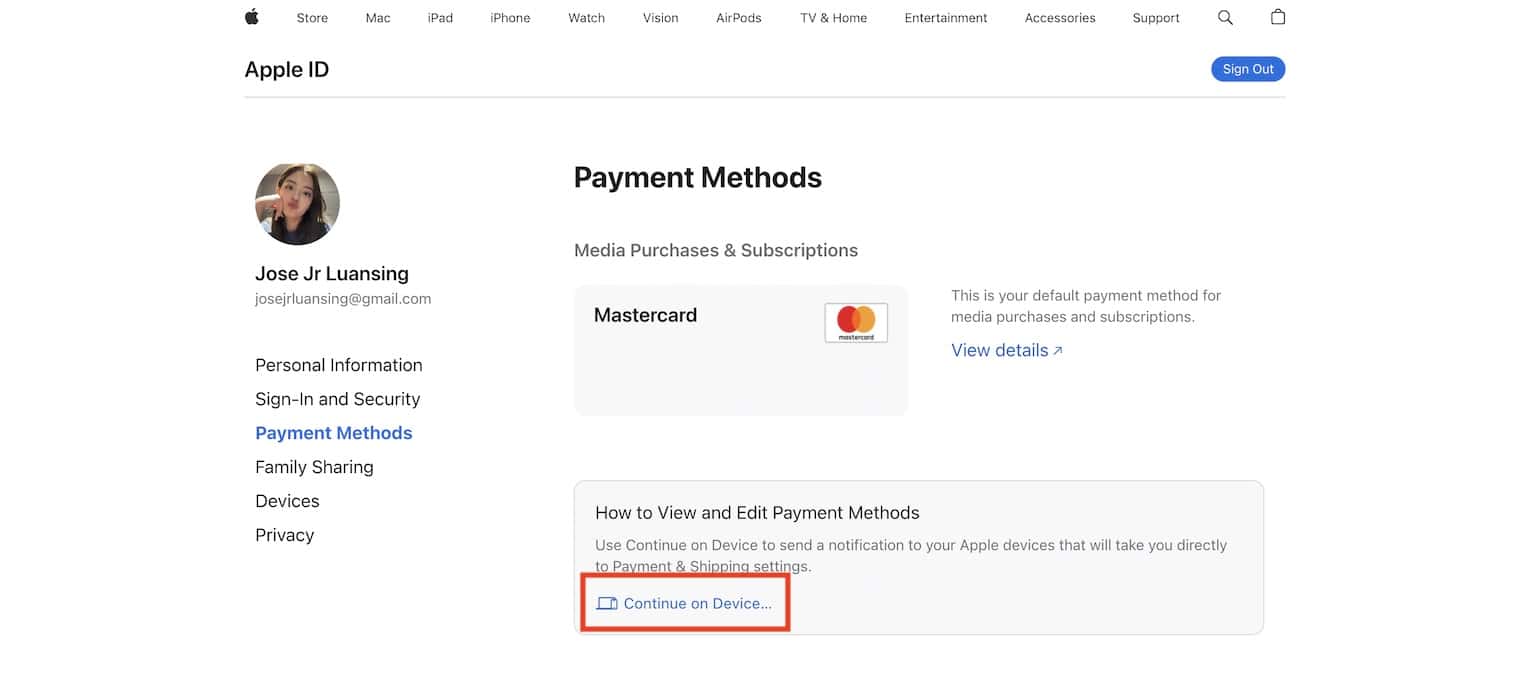 Selecting Continue on Device Link on Apple ID