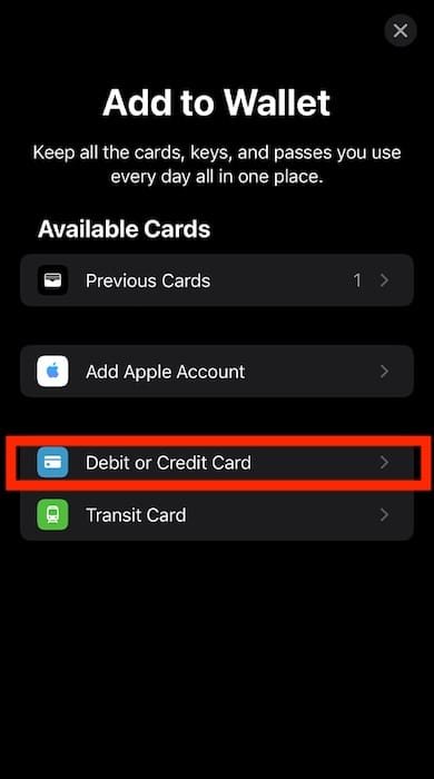 Clicking Debit or Credit Card in Wallet App