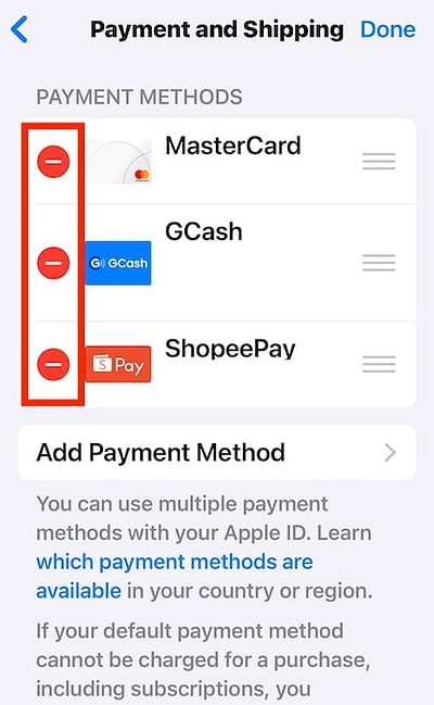 Tapping the Removal and Edit Button on Payment