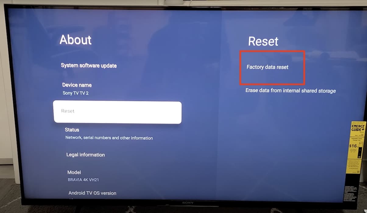 The Factory Data Reset Option in the Systems Settings of Sony TV