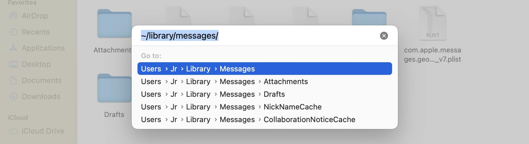 Searching library/messages/archives on Finder