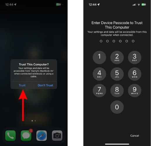 Grant Mac access to your iPhone by selecting the Trust option