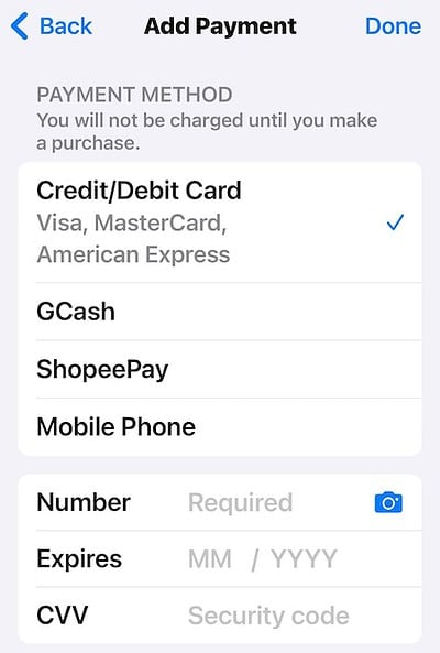Entering New Payment Method Credit Card Details