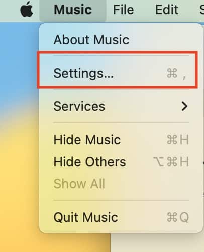 The Music App Settings on Mac Menu Bar