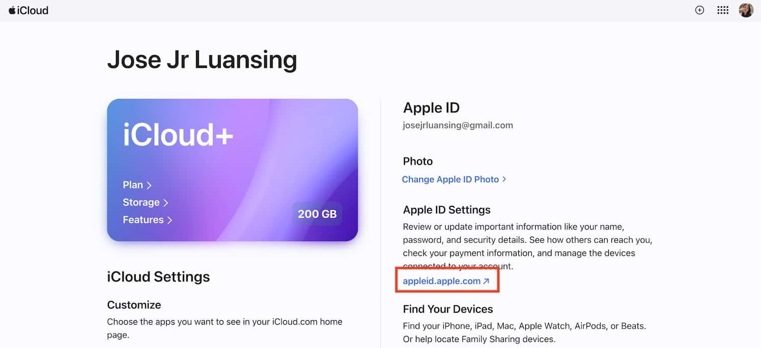 Opening the Apple ID Link on iCloud