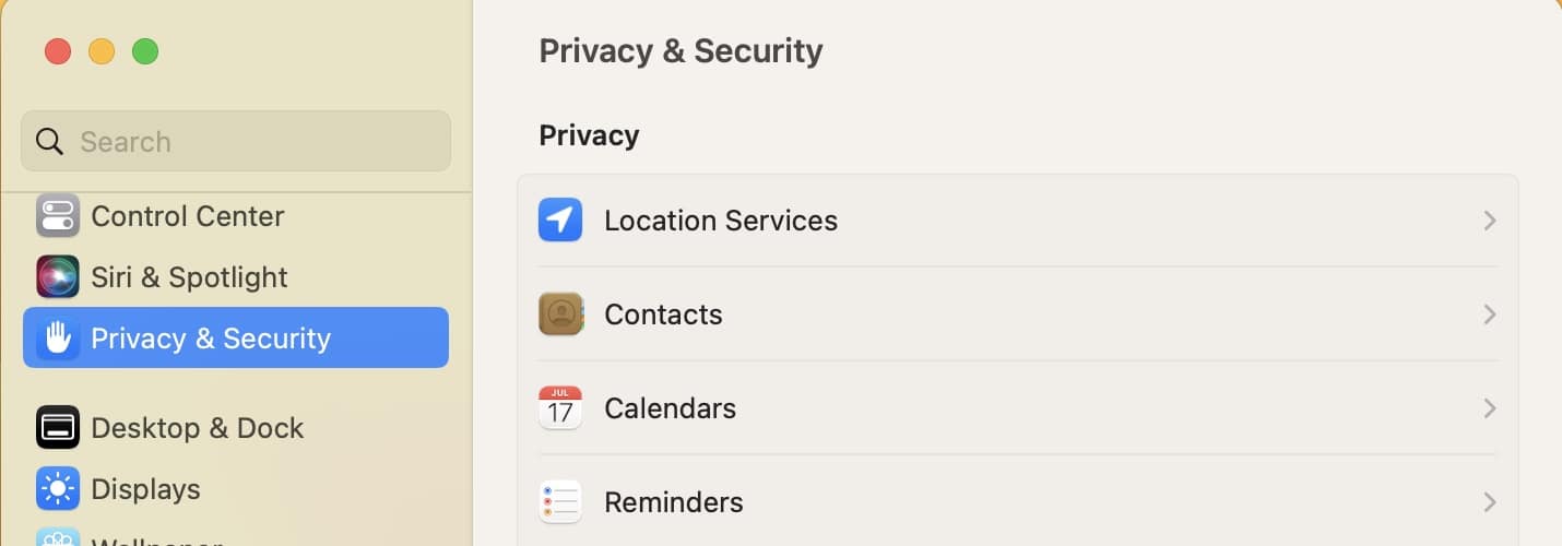 Privacy and Security in System Settings of Mac 