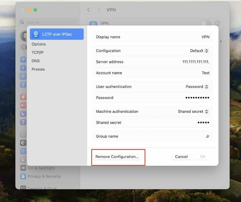 Removing the VPN Configuration on macOS System Settings