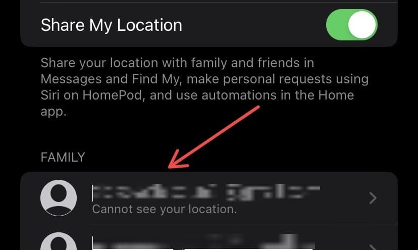 Screenshot showing Apple family members that can access your location