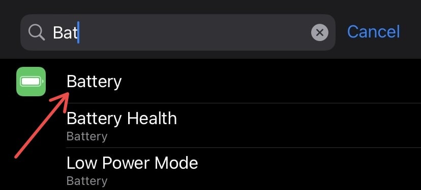 Screenshot showing how to search for Battery in Settings