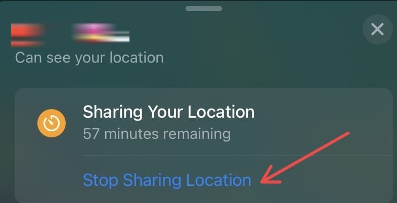 Screenshot showing how to stop sharing your location with a contact