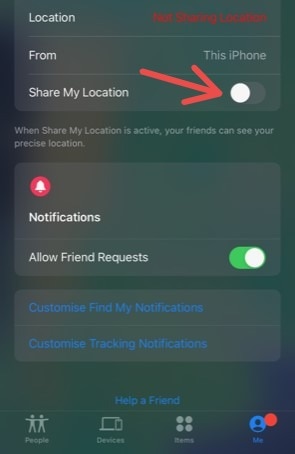 Screenshot showing how to turn off location sharing on Find My