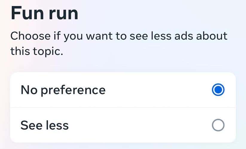 Choosing to See Less of an Ad Topic on Facebook Settings