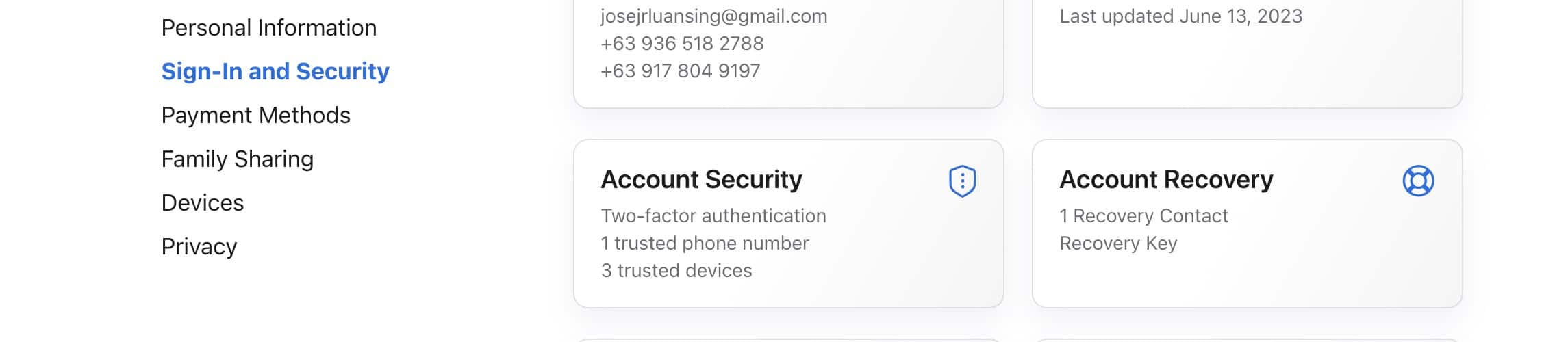 Sign-In and Security Section of Apple ID Website