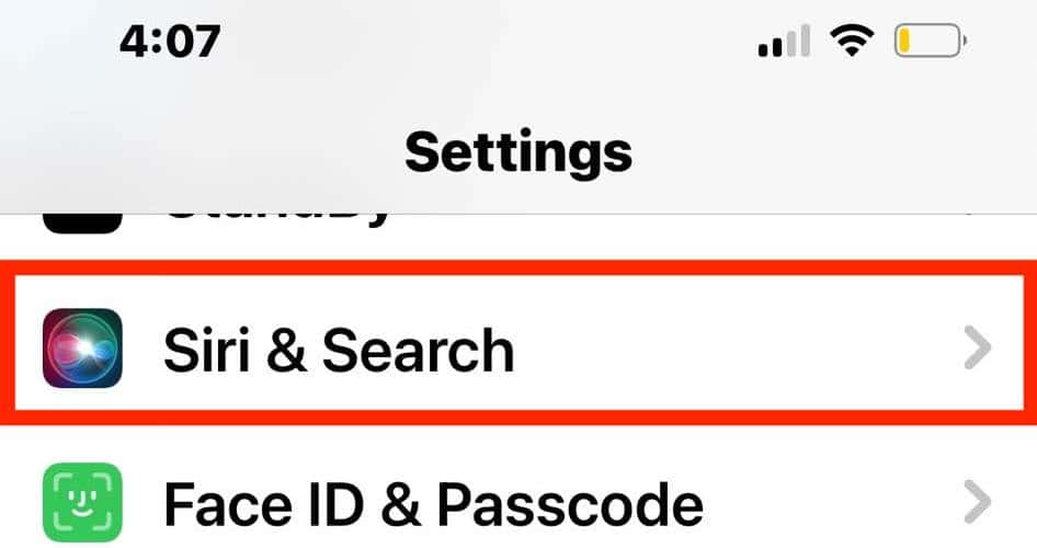 Siri and Search Settings on iOS Settings