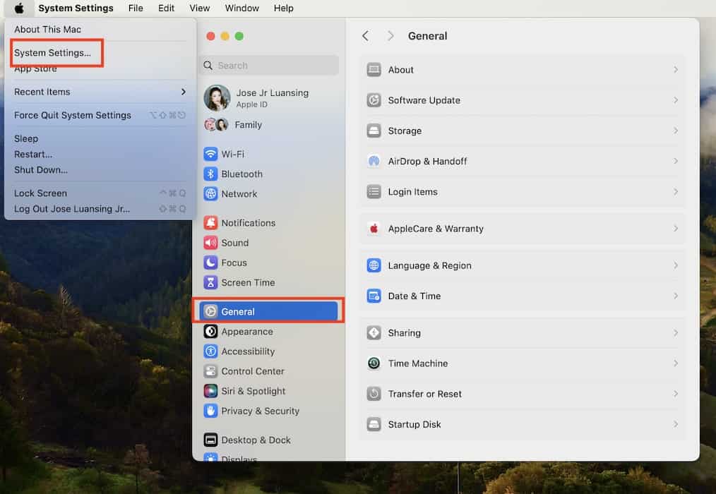 Clicking the General Section Under macOS System Settings