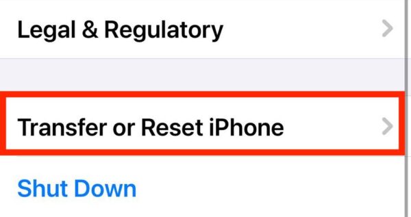 Transfer or Reset iPhone on iOS Settings Page