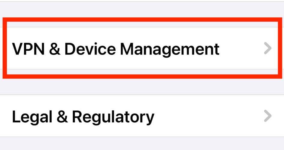 VPN and Device Management Section on iOS Settings