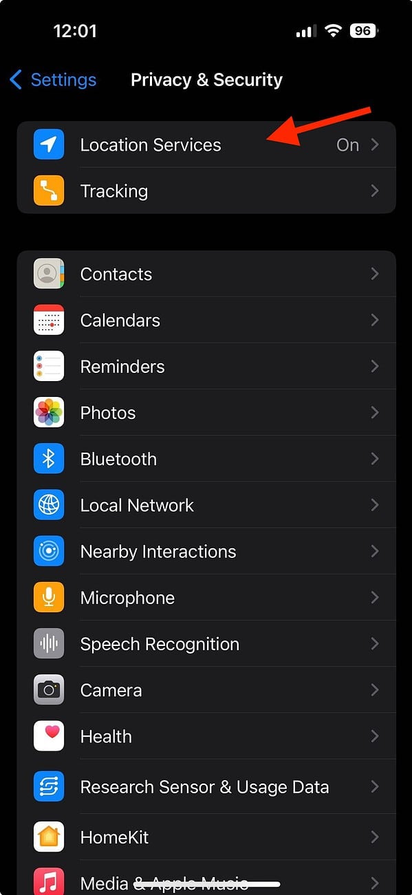 Location services in the menu