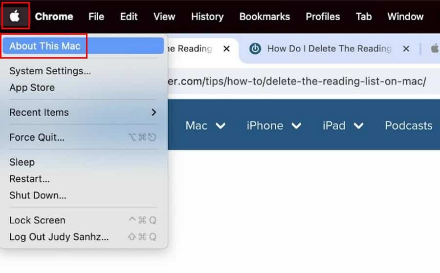 About this Mac option in Apple Menu