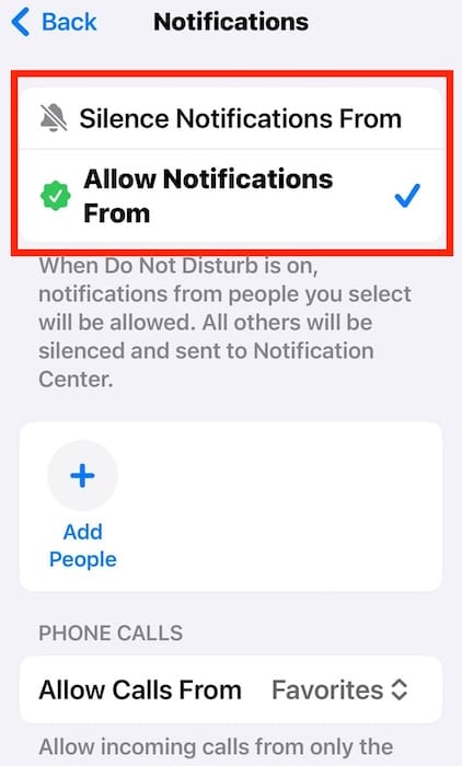 Allow Notifications From and Silence Notifications From on iOS Settings iPhone
