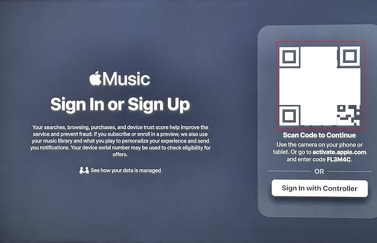 Faça login no Apple Music com código QR