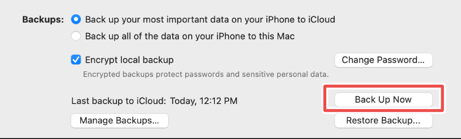 Backup iPhone data option on Finder for iphone 15 pro max