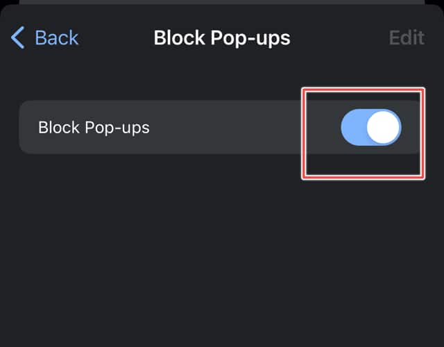 block popup toggle btton on iPhone chrome