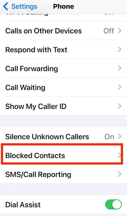 Opening the Blocked Contacts Section on iOS Settings App