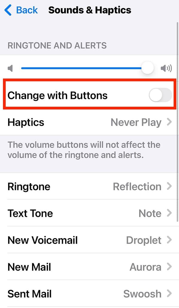 The Change With Buttons Function on Sounds and Haptics iOS Settings