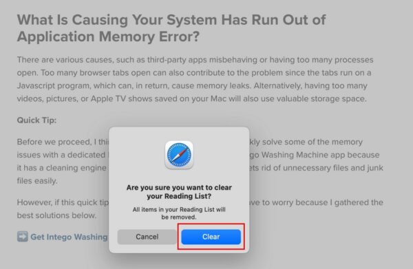 Confirmation message erasing Mac reading list