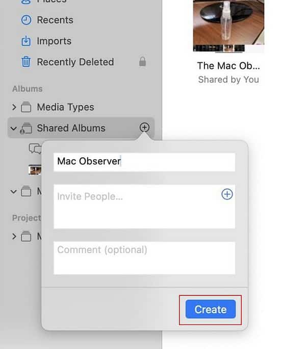 Create button in Photos App Mac