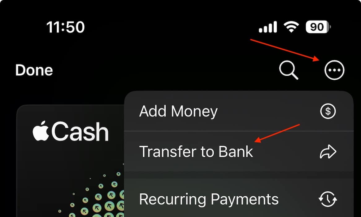 Delete from Apple Wallet Select Transfer to Bank