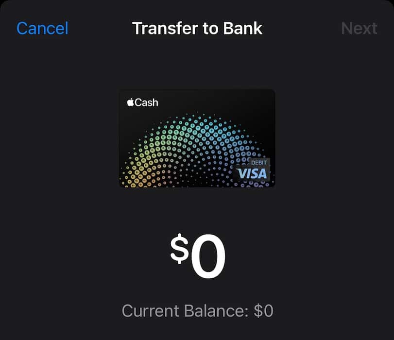 Delete from Apple Wallet Transfer to Bank Screen