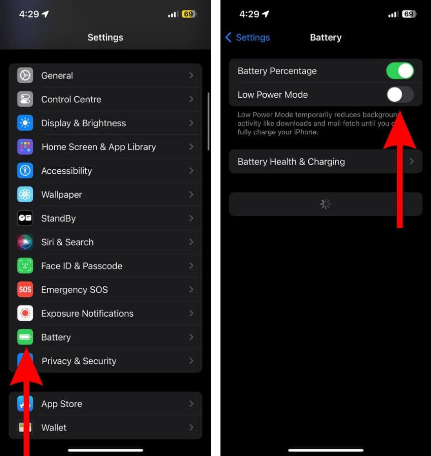 Disable Low Power Mode on iPhone to fix iCloud Syncing Paused on iPhone