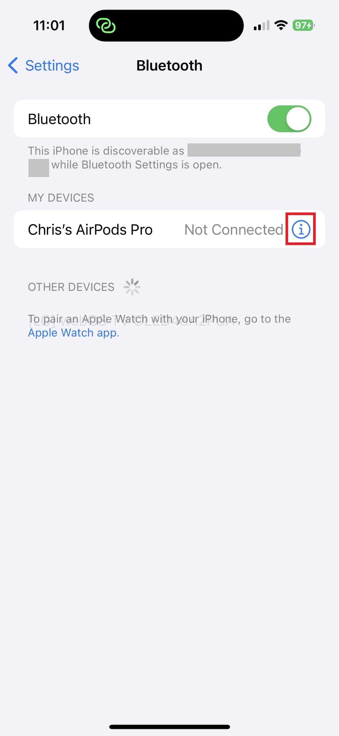 AirPods Pro information button to view all settings