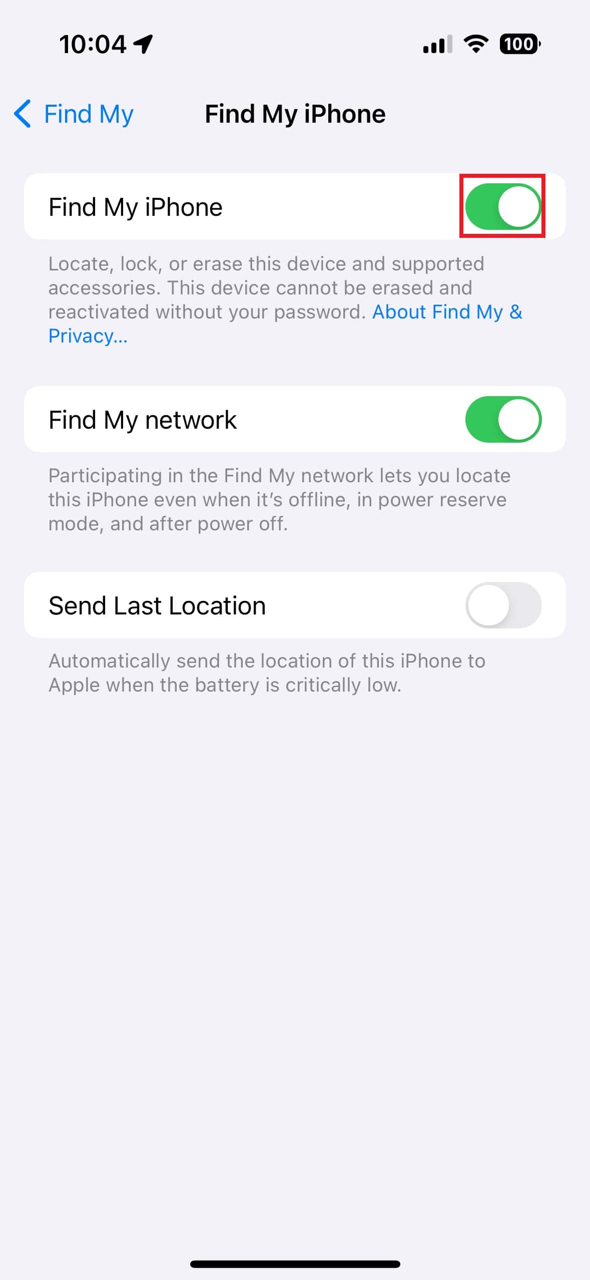 Turn off Find My iPhone in settings app