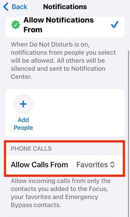 Allow Calls From Do Not Disturb Settings on iOS App