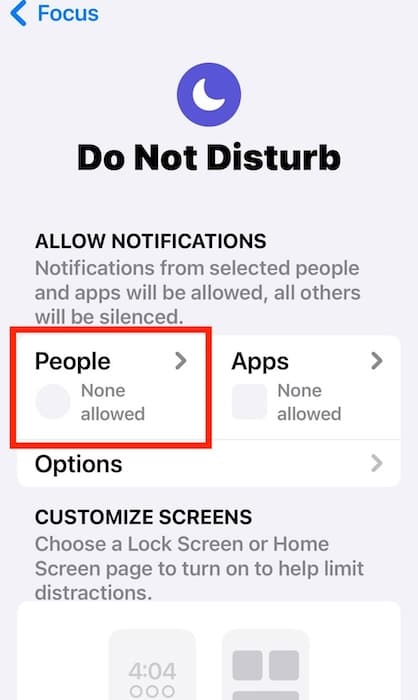 Opening the People Section in the Do Not Disturb iOS Configuration Settings