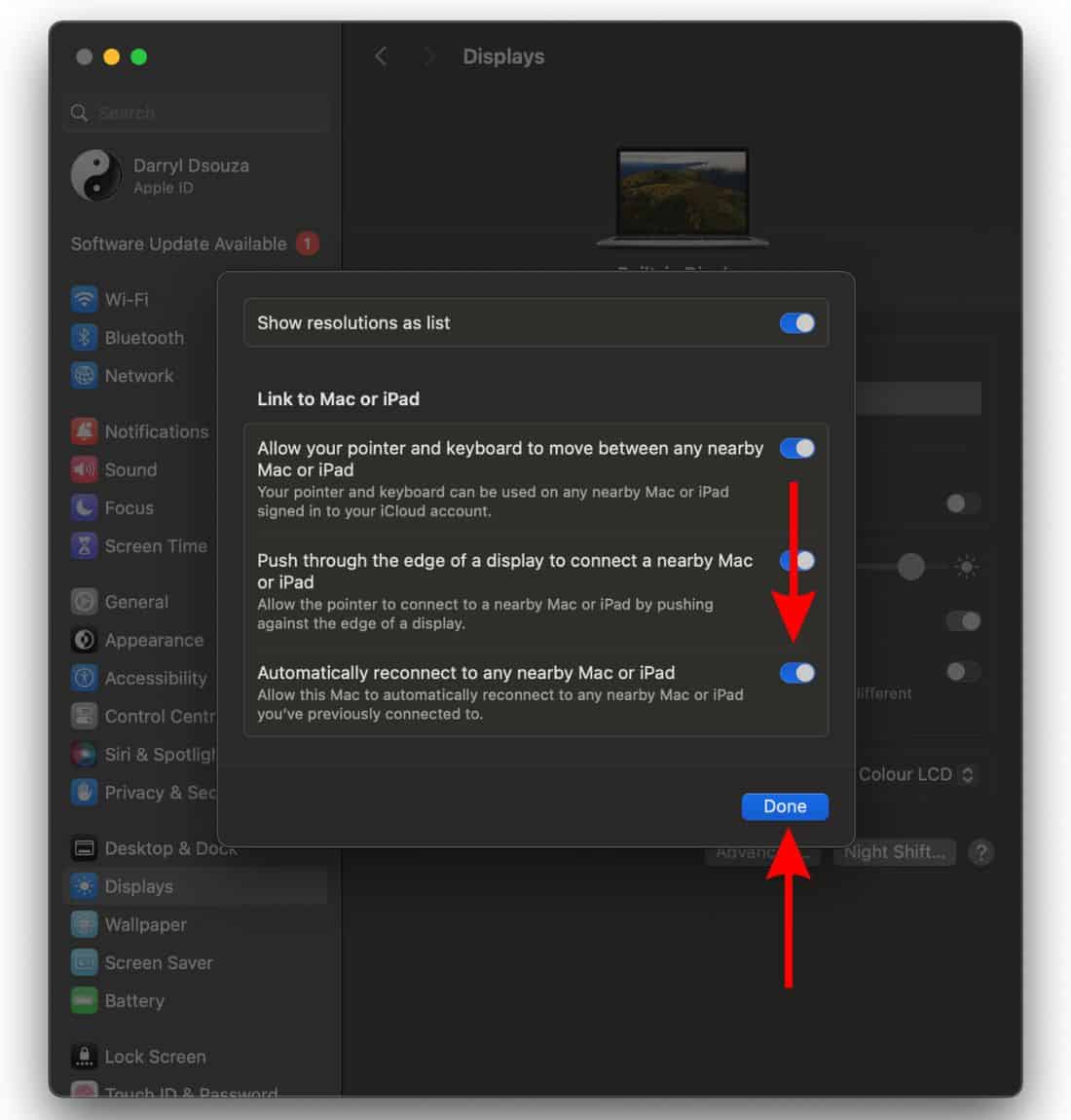 Enable Automatically Reconnect and click the Done button To Fix Screen Sharing Not Working in macOS Sonoma
