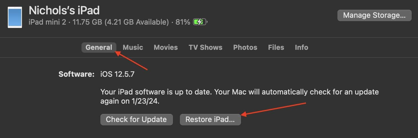 Factory Reset Apple ID Click Restore iPad