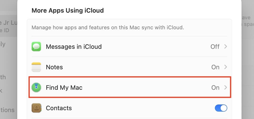 iCloud Find My Toggle Button for Mac System Settings
