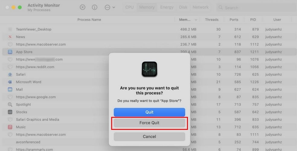 Force Quit Apps in Activity Monitor Mac