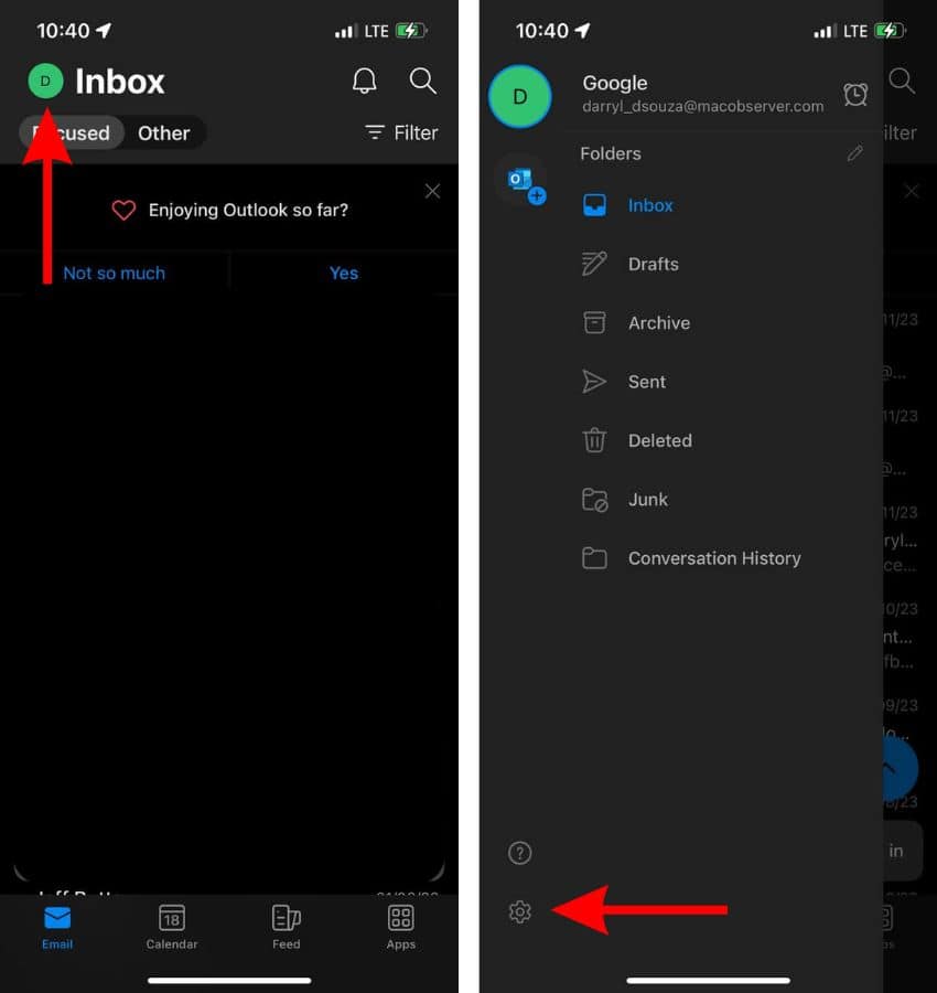 Head to Outlook Settings on iPhone

