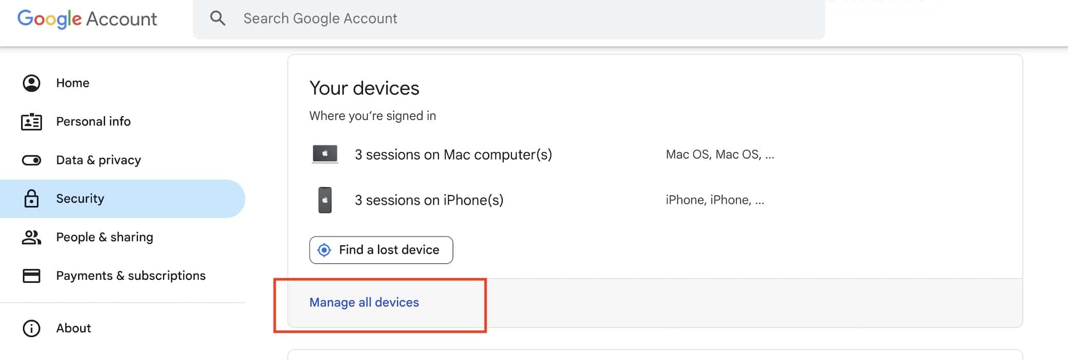 Managing the Logged in Devices on My Google Account