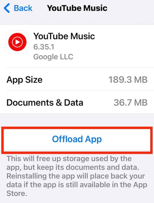 Offload App Because YouTube Music not Working on CarPlay